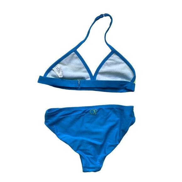 NWOT OP S 6/6X Turquoise Blue Neon Yellow Green Sequin Halter Bikini Set Twins - Picture 2 of 2